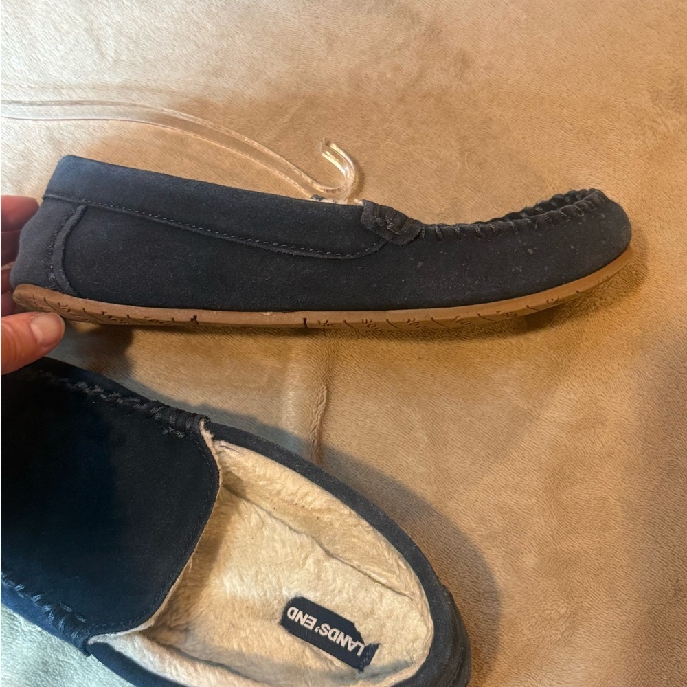 NWOB Lands' End Women's Blue Suede Moccasin Shearling Lined Slippers Size 8 - Picture 10 of 14